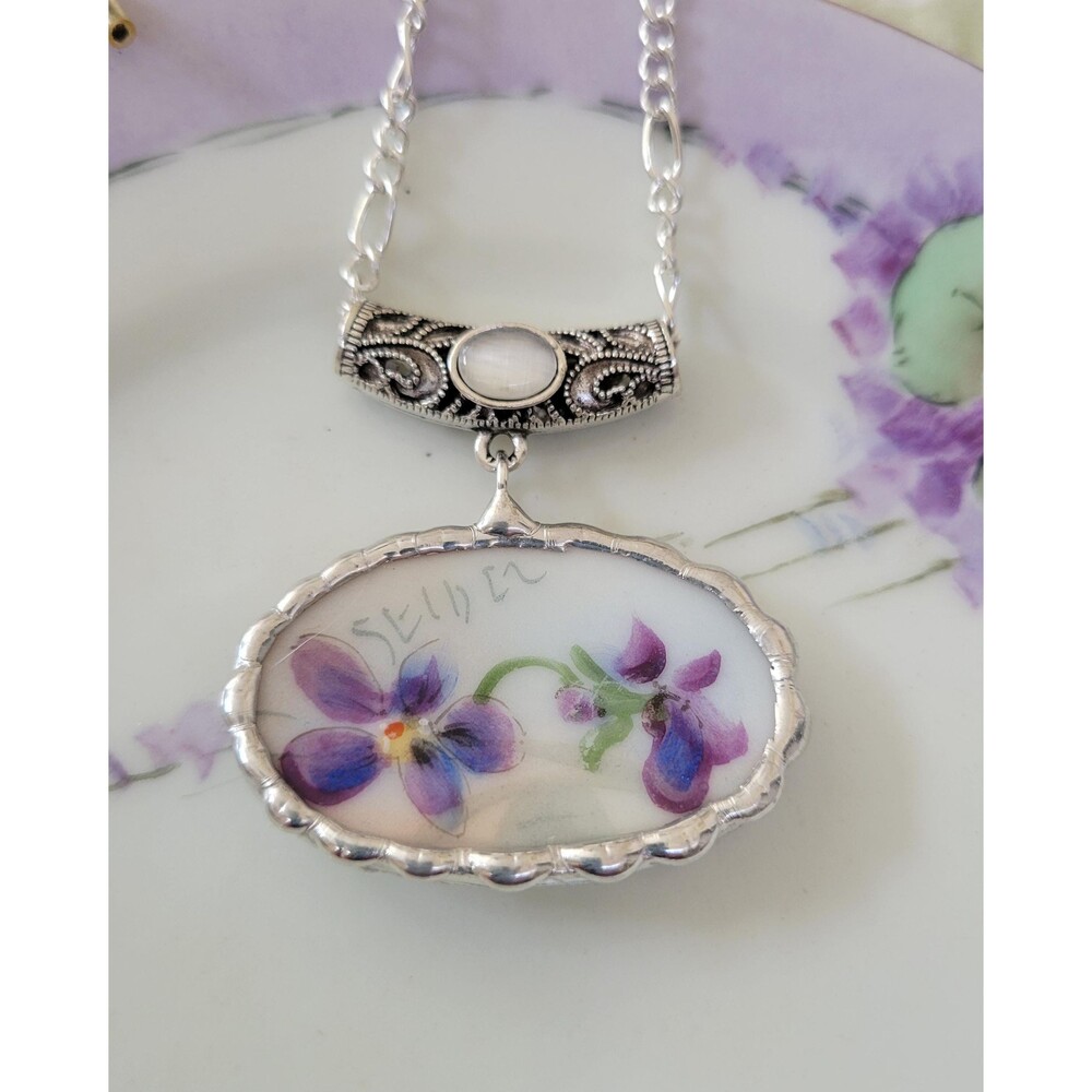 Artist Signed Seidel Purple Violets Broken China Necklace Antique Hand Painted